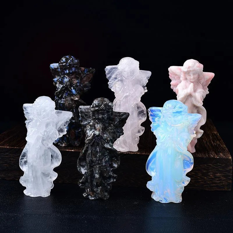 Natural White Crystal Angel Ornament Hand-carved Praying Fairy Figurine Made Raw Stone for Home Living Room Desk Display Perfect