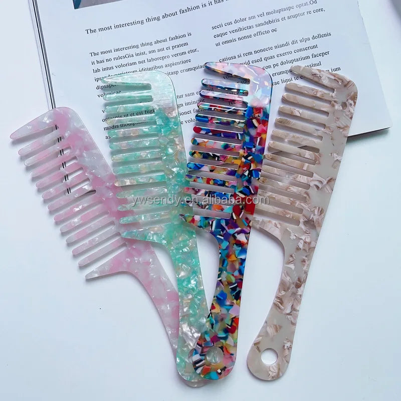 Custom Color Logo 2025 New Women Handmade Cellulose Acetate Comb Fashion Plaid Long Handle Hairdressing Acetate Combs