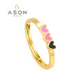 Ason Jewelry 18k Gold Plated Stainless Steel Black and pink Love Fashion Women Three Heart Rings Valentine's Day Ring for Couple
