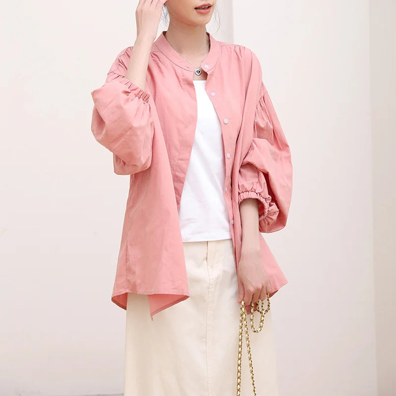 OEM/ODM Spring Summer Ladies Solid Loose Breasted Drop Shoulder Balloon Sleeve 100% Cotton Women's Blouses and Shirts