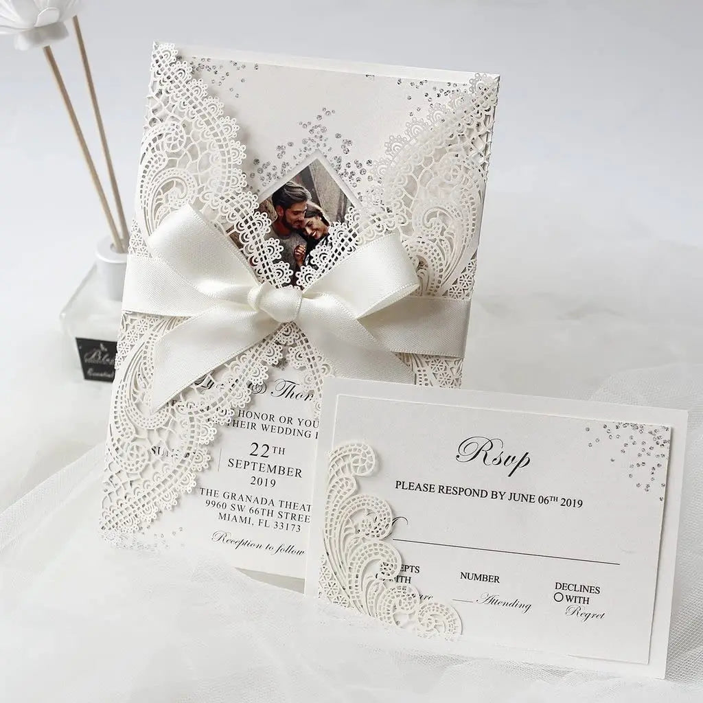 Luxury Elegant Custom Laser Cut Lvory Quinceanera Bridal Shower Xv Wedding Invitation Envelope Rsvp Card
