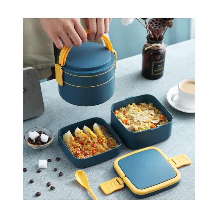 Hot Sale Portable Handle Lunch Box Kids Food Grade Plastic 2 Layer Compartment Lunch Box Microwave Plastic Food Warmer Lunch Box