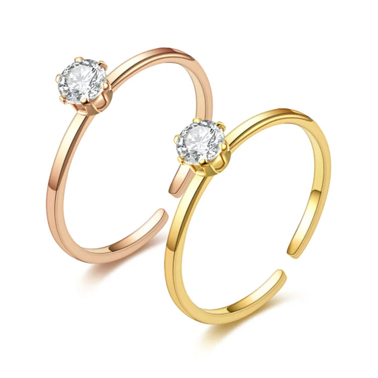 SC Delicate Adjustable 18K Gold Plated Stainless Steel Rings Round Zircon Rings Wedding Engagement Ring Jewelry for Women Girl