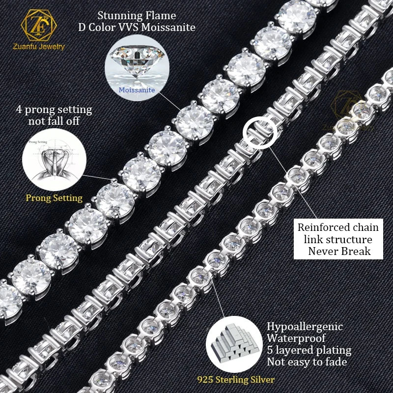 Cheap Hip Hop Iced Out D Color White VVS 925 Sterling Silver 2MM 3MM 4MM 5MM 6.5MM Moissanite Diamond Men Tennis Chain Necklace
