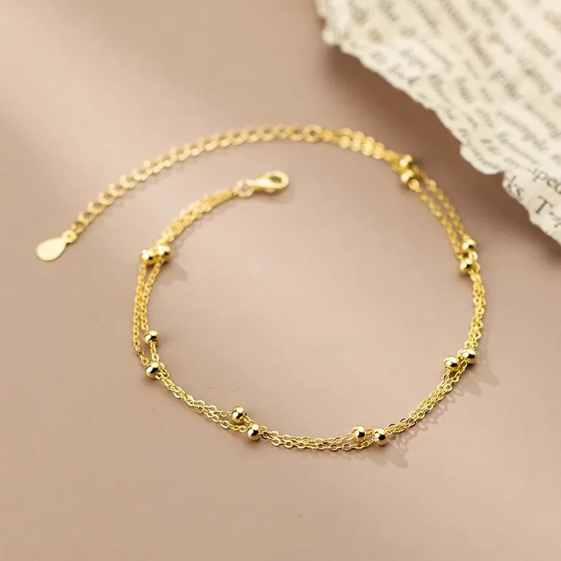 Statement Double Layer Chain Round Ball Beaded 18K Gold Plated 925 Sterling Silver Anklets Bracelet Fashion Jewelry for Women