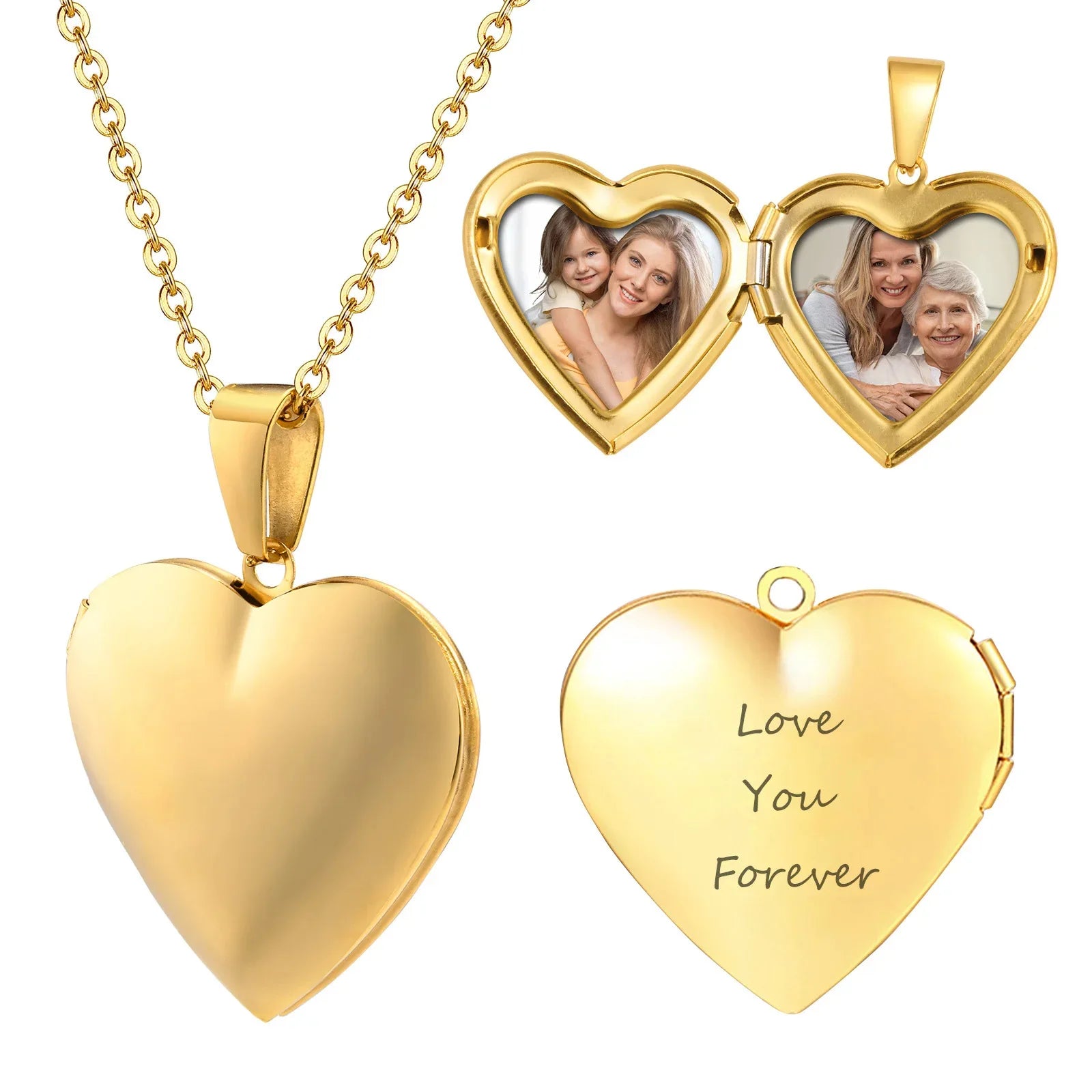 Custom Engraved Photo Necklace-Stainless Steel Heart Locket Pendant Claw Setting Inlay Romantic Geometric Shape Jewelry Gift