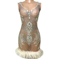 Summer Sexy Sleeveless See Through Mesh Stones Crystals Evening Gowns Feathers Slim Fit Short Prom Dress Women Party Club Dress