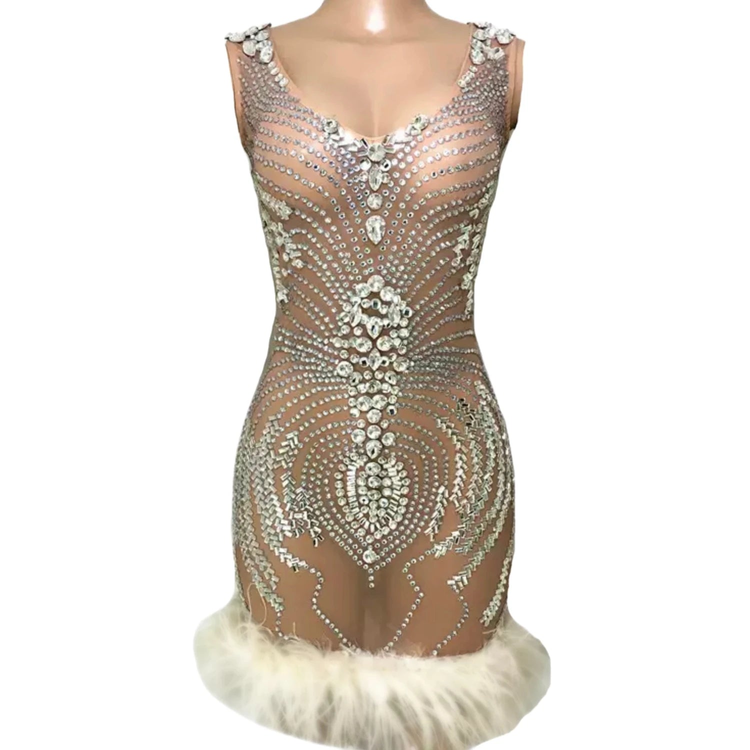 Summer Sexy Sleeveless See Through Mesh Stones Crystals Evening Gowns Feathers Slim Fit Short Prom Dress Women Party Club Dress
