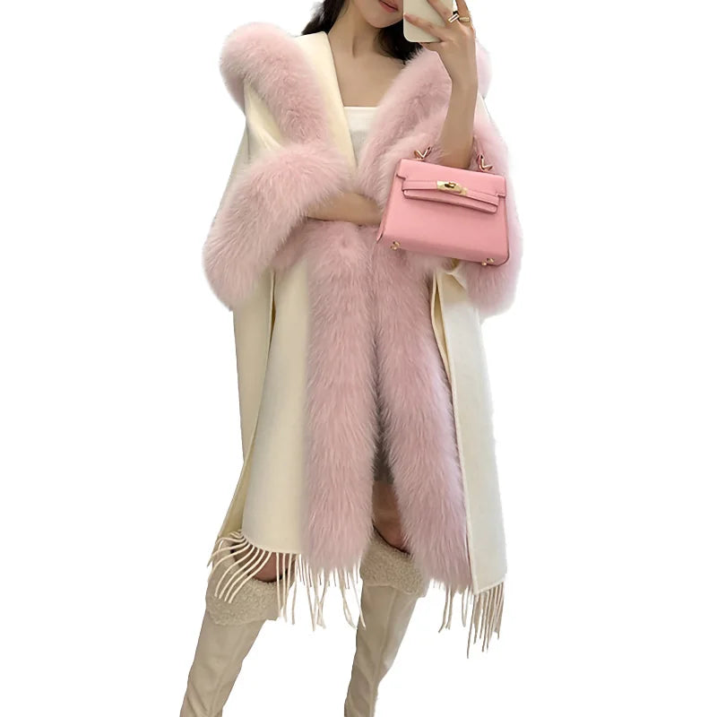 High Quality Soft Cape Women Winter Cape Poncho Fox Fur Trim Cashmere Wool Coat