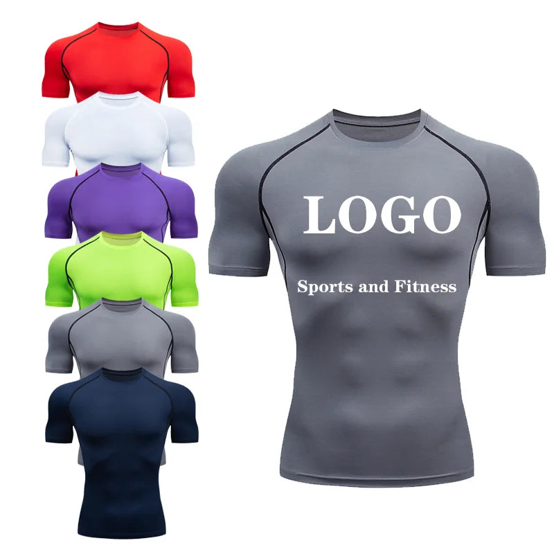 Customized logo on Fitness Compression  Gym T-shirt Quick-drying Breathable Muscle Mens Sportswear Sleeve Athletic Tight T-shirt