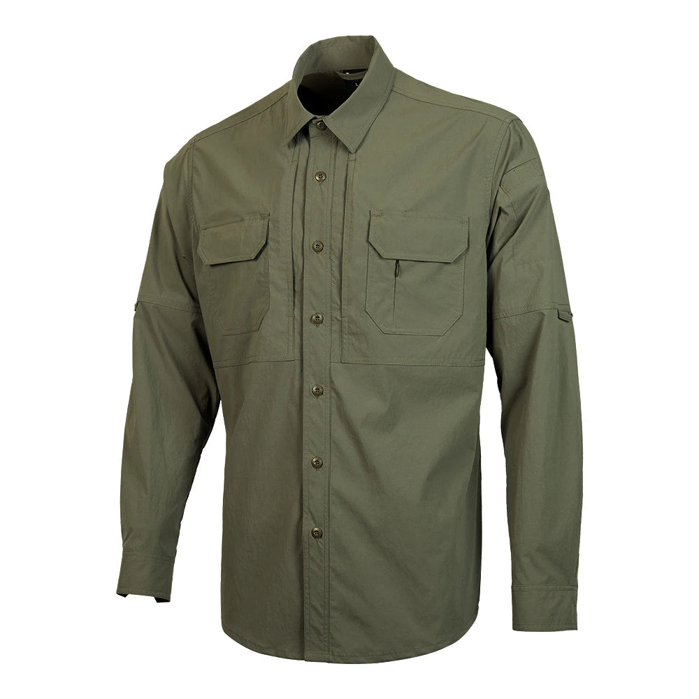 China Summer Casual Olive Green Tactical Shirt with Mandarin Collar Breathable Combat Style
