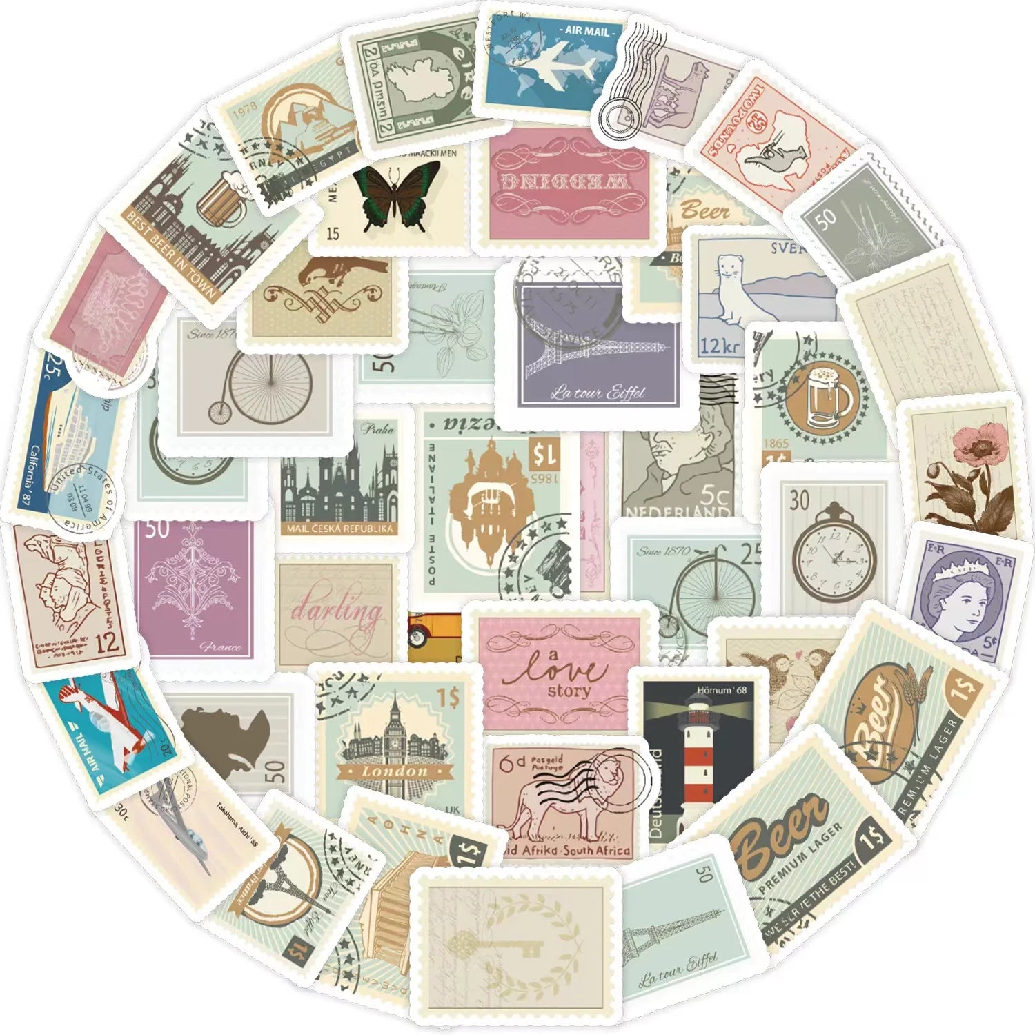 50pcs Vintage Stamps Graffiti Sticker Packs for Notebook Skateboard Water Cup Suitcase Graffiti Decorative PVC Wholesale