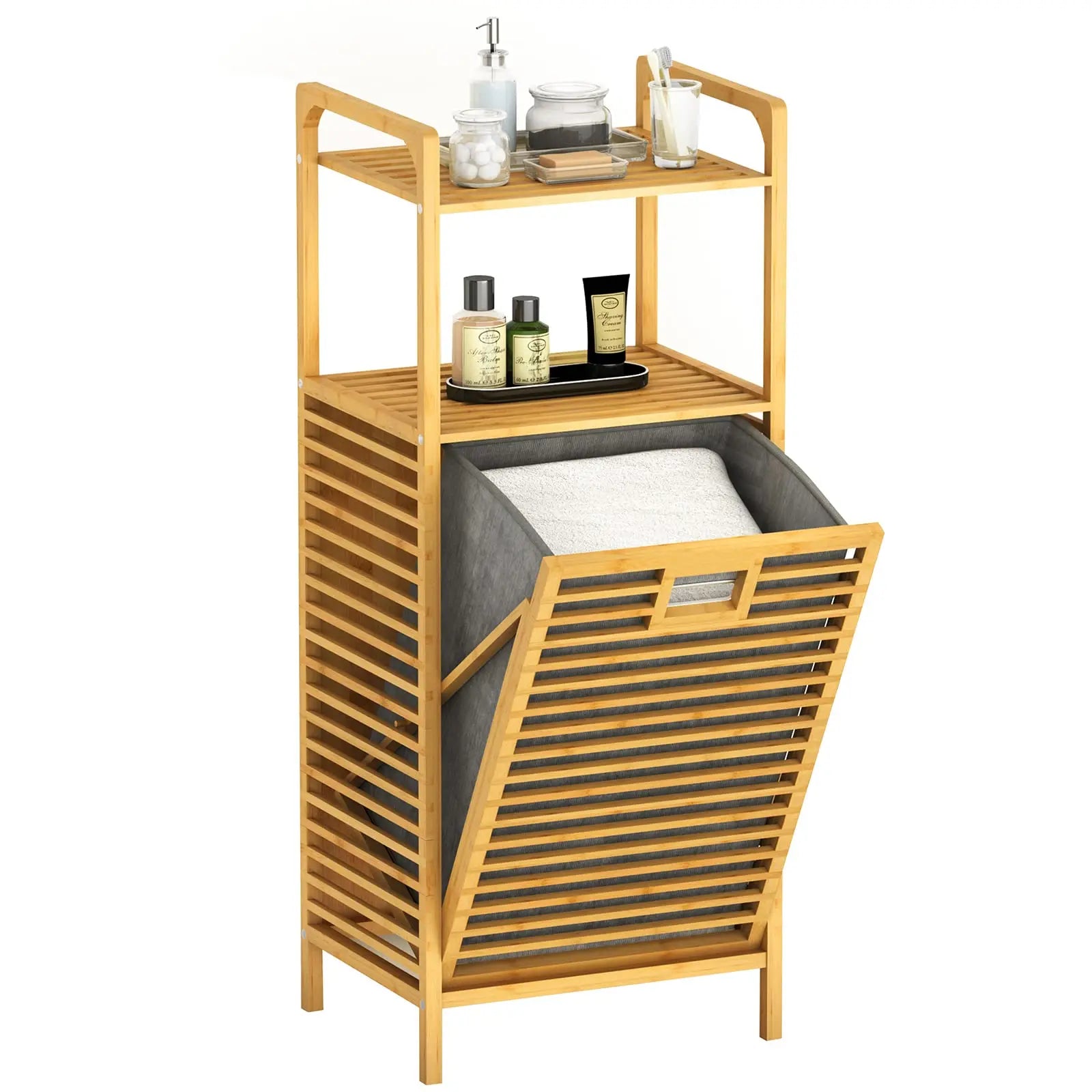Bamboo Laundry Hamper Basket With Liner Bag Storage Dirty Clothes Tilt Out Baskets Section With Handles 2-Tier Shelves Organizer