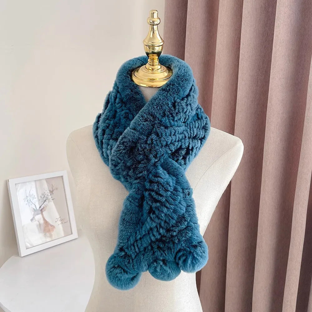 MWFur Fashion Winter Real Fur Scarves Muffler Hand Knitted Neck Warmer Rex Rabbit Fur Scarf for Women