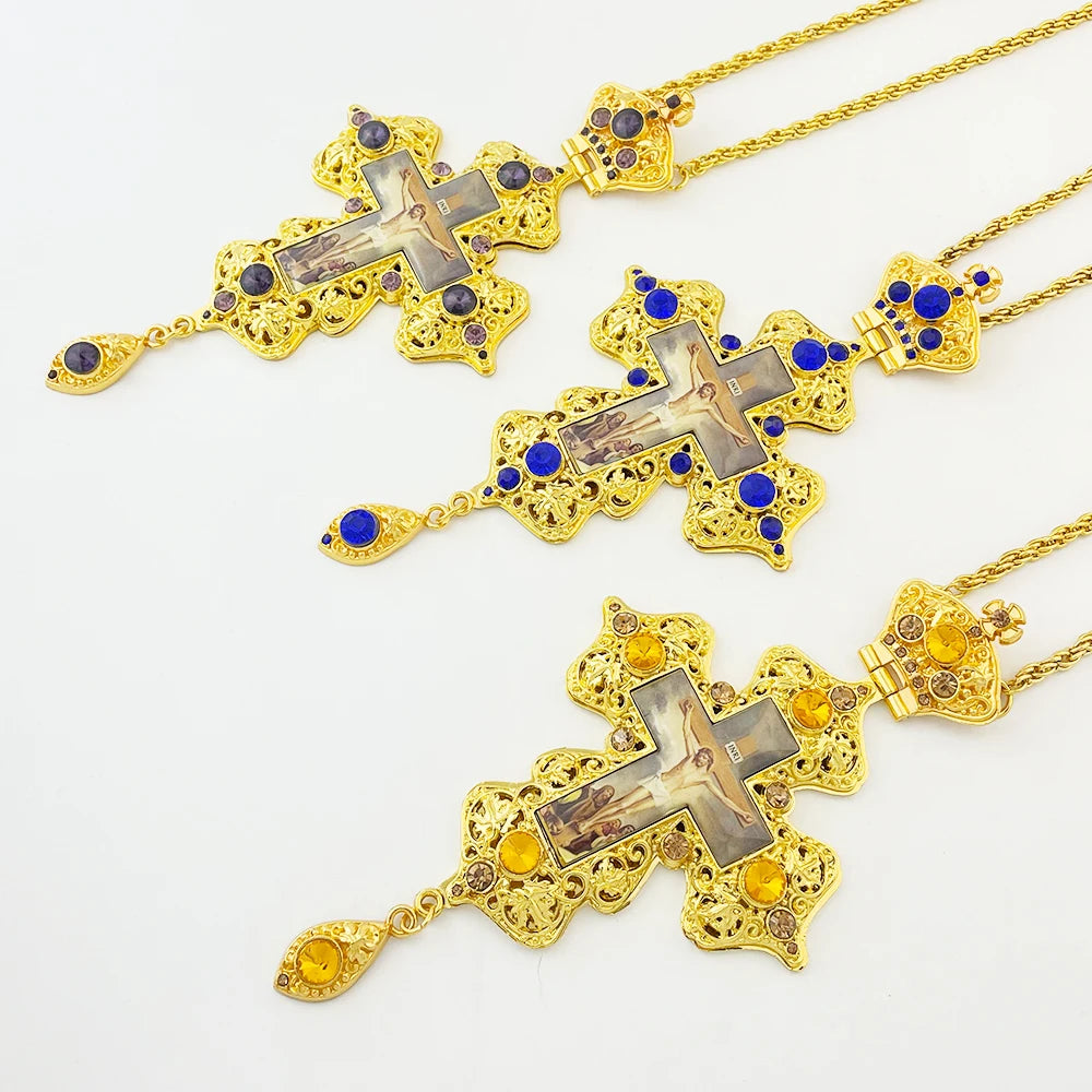 HT Newest Luxury Orthodox Ceremonies Greek Design Jesus Gold Pectoral Cross with Alloy Chain of Spiritual Gift MegaBDM