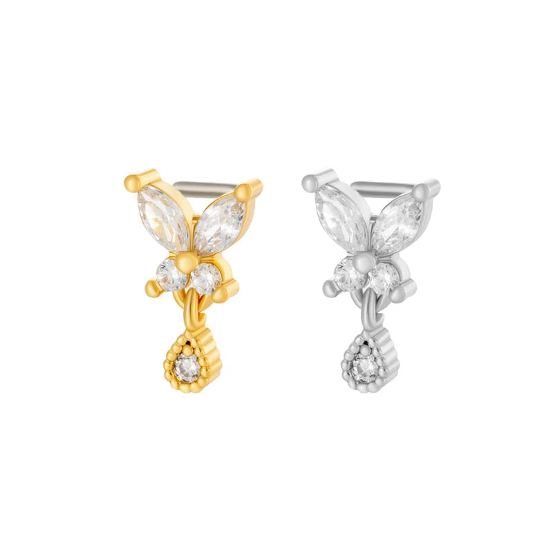 HENGSEN Stainless Steel L Stick Nose Piercing Jewelry Marquise Cubic Zirconia Butterfly Dangle Nose Stud for Women 884-7-L