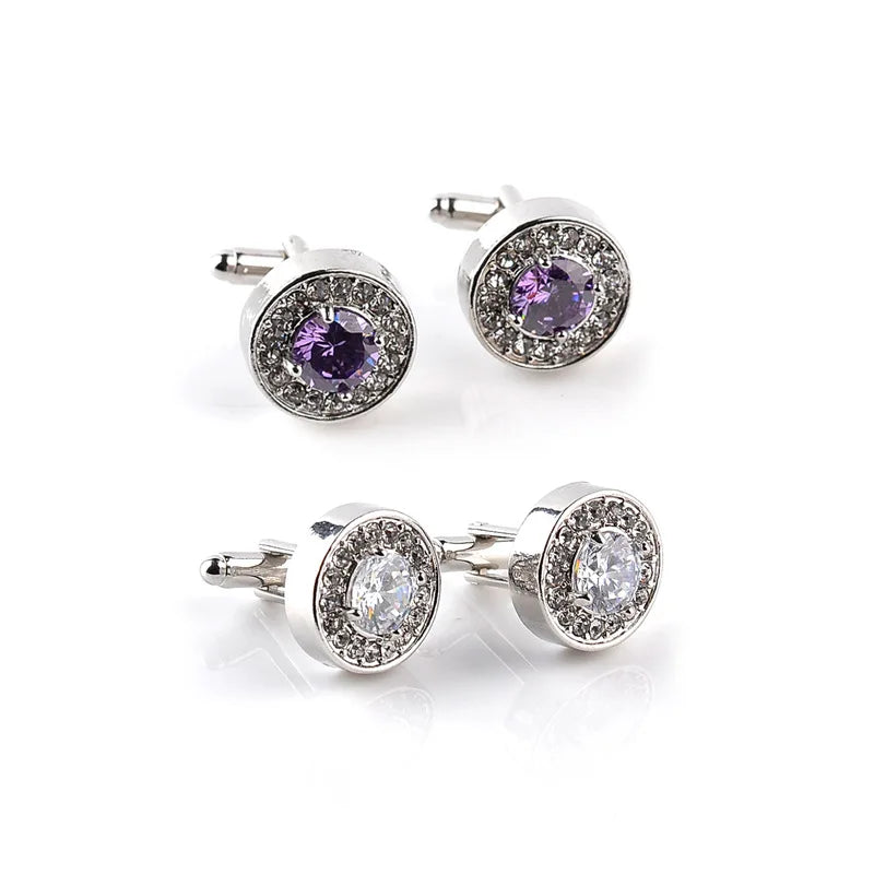 Jewelry Men's White Purple Enamel Crystal Cufflinks Round Wedding Party Cufflink French Shirt Cuff Buttons