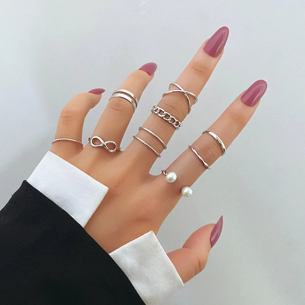 European American Style Wavy Pearl Open Knuckle Ring Set New Simple Geometric Hollow Ring Mid Rings Set for Gift