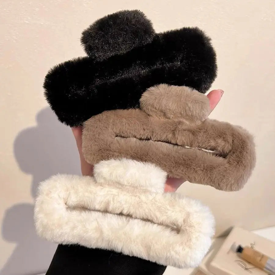 New Style Fluffy Large Hair Claw Clips 13cm Jumbo Rectangle Solid Color Furry Women Hair Accessories for Winter