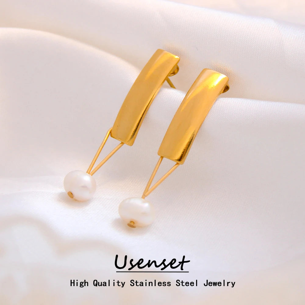 Geometric Stainless Steel Gold Earrings Fashion Personalized Ear Stud for Women's Gift Pearl Drop Ear Jewelry