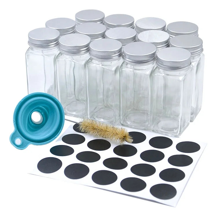 Square Borosilicate Glass Spice Jars Set Metal Shaker Lid 4Oz 8Oz