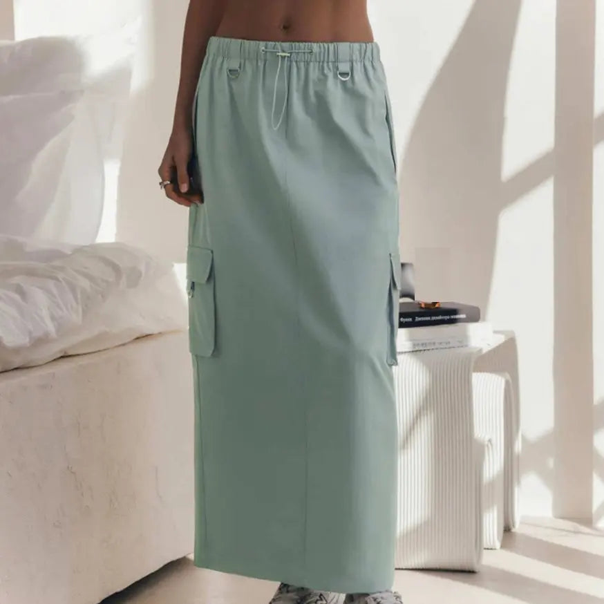 Enyami Y2K Streetwear Teen Sporty Fashion Leisure Cargo Skirts Woven Cotton Pockets Drawstring Waist Cargo Long Skirts Women