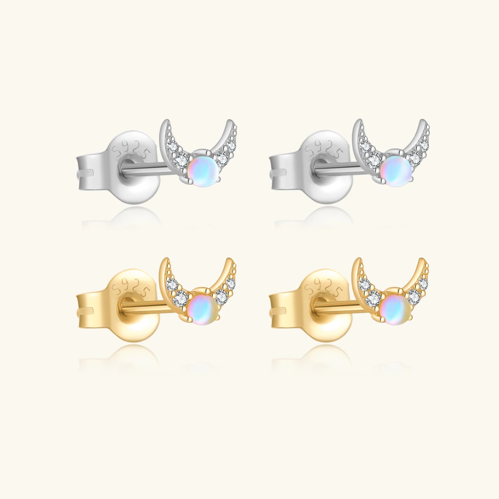 FUAMAY 2025 Mini Moonstone Opal Stud Earrings 925 Crescent Moon Diamond Shape Emerald Cut Gold Plated Pendientes Moonstone
