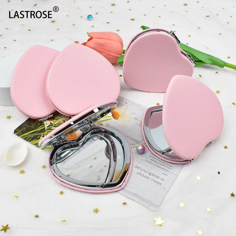 Fashion Small Mirror Hand PU Double Side Foldable Portable Compact Heart Mirror Travel Leather Gift Pocket Makeup Mirrors
