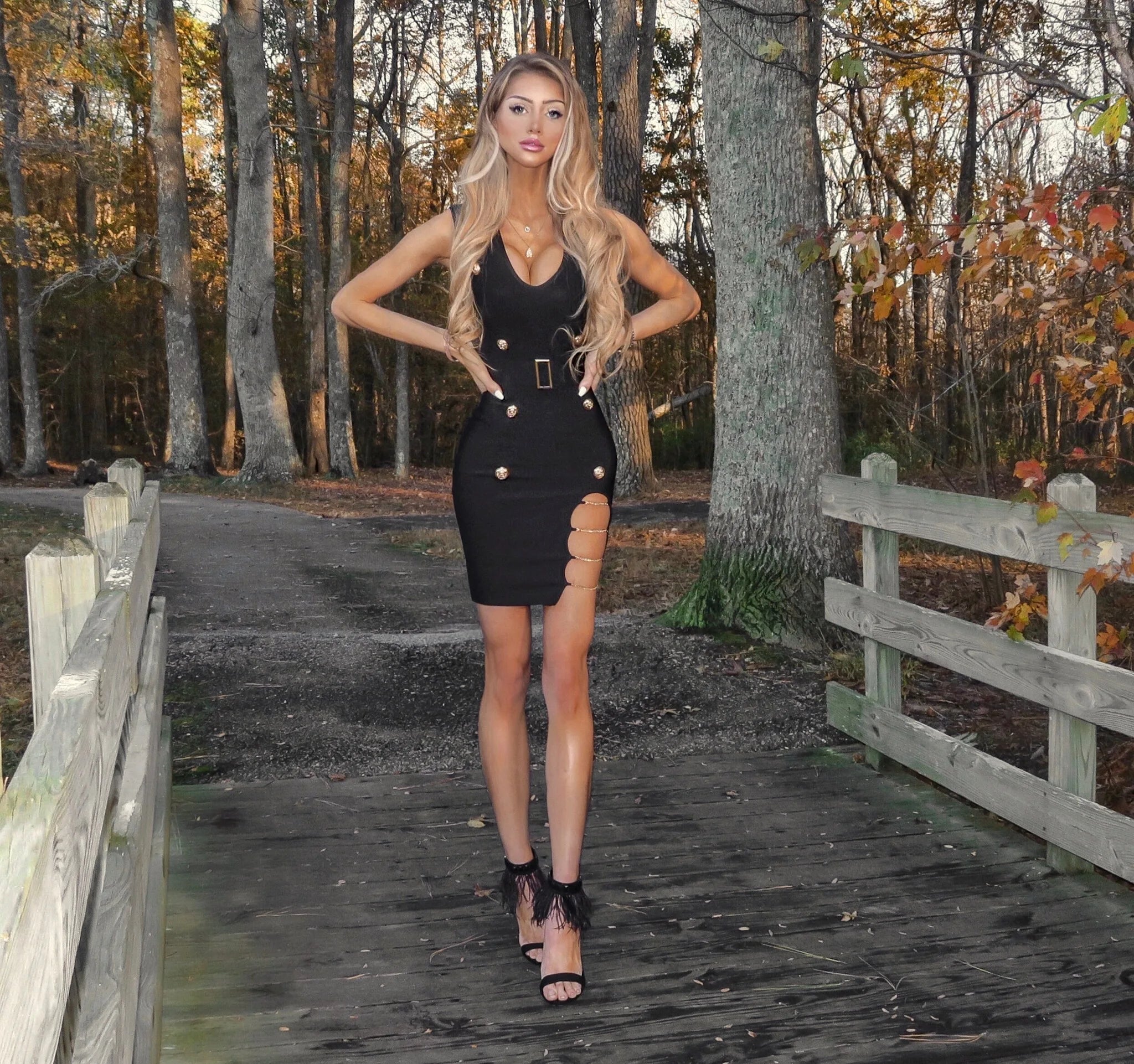 Short Black Dress With Metal Button Pattern Chain Loops  Decorations Knitted Fabric  for Adults' Parties