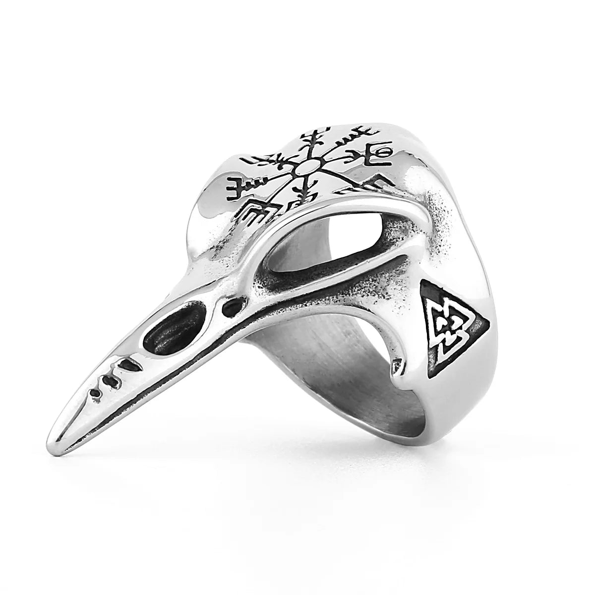 Stainless Steel Viking Valknut Pagan Raven Pointed Mouth Bird Head Skeleton Rune Punk Finger Rings