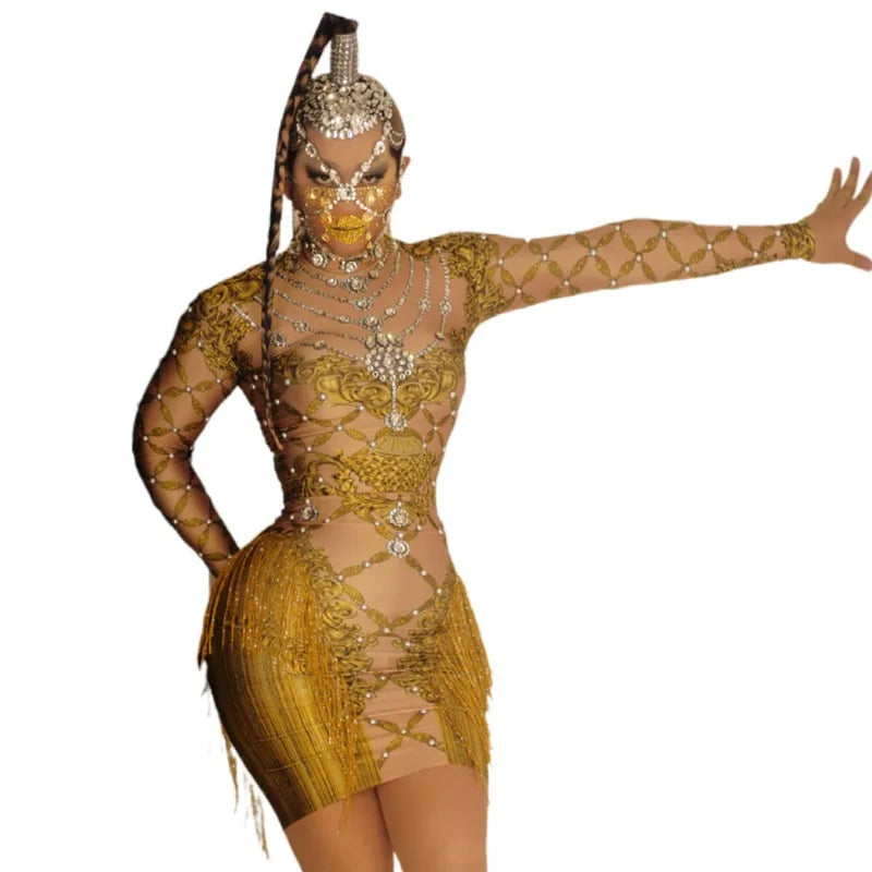 Fashion Stretch Gold Pearls Crystal Party Cocktail Club Hip Wrapped Dress Women Ballroom Dance Wear Sexy Evening Prom Dresses
