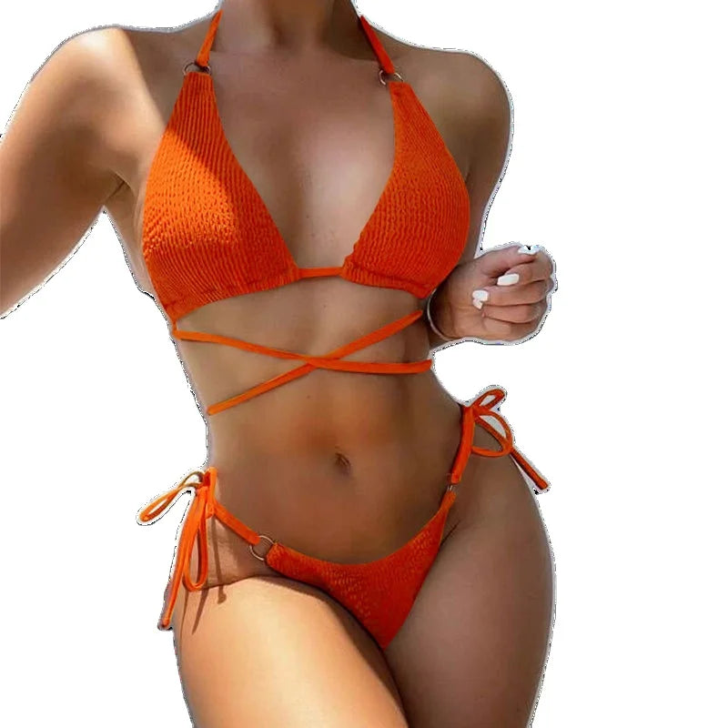 Active Designer Two Piece Solid Hot Sexy Bikini Halter Swimwear Set g String Bikini