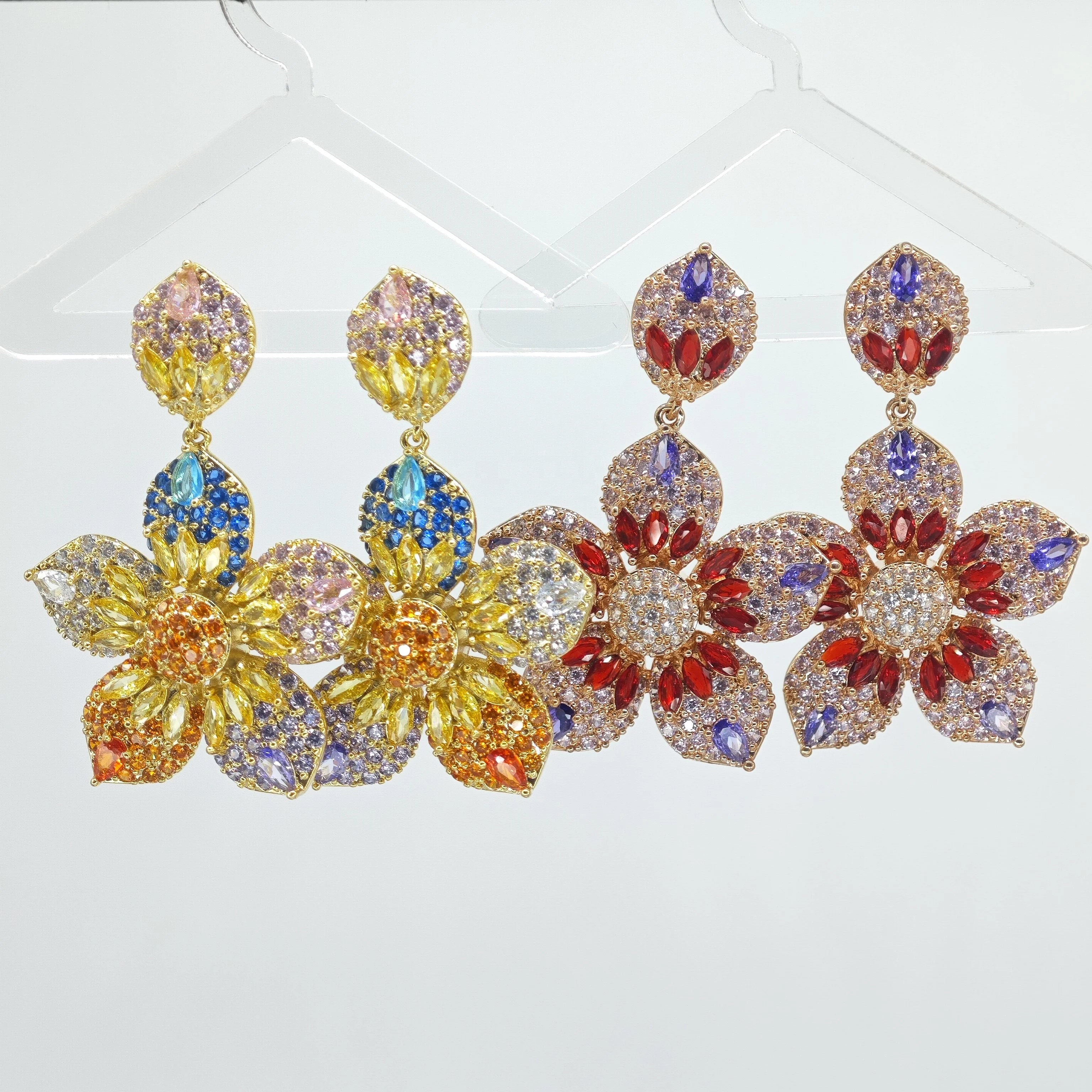 Ilona Vintage Ladies Luxury Zircon Drop Earrings Jewelry Copper 18K Gold Plated Flower Stud Earrings Gift