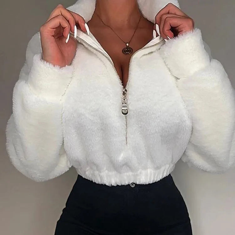Women Casual Loose Winter Sweatshirt Solid Color Fully Stand-Neck Long Sleeve Zip-Up Pullover Blank Sweatshirt for Girls