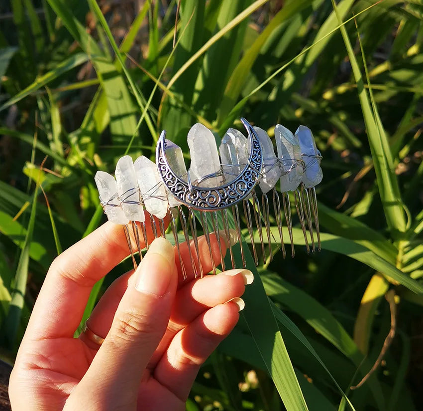 2026 High Wholesale Factory Wicca Moon Mermaid White Crystal Hair Comb DIY Handmade Bridal Hair Accessories Healing Crystals