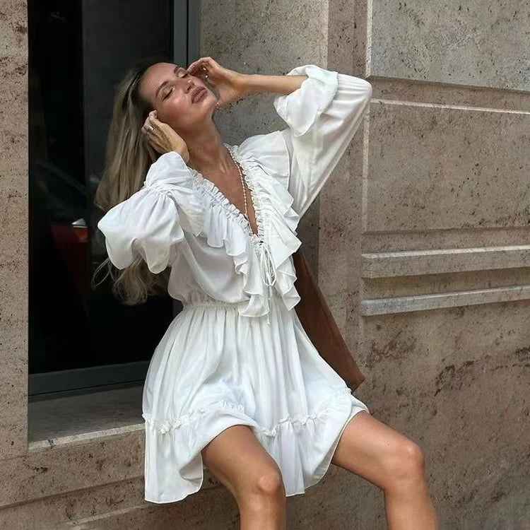 European American Summer Casual Dress V-Neck Pleated Horn Sleeve Ruffled Crochet Solid Pattern Natural Waistline ODM