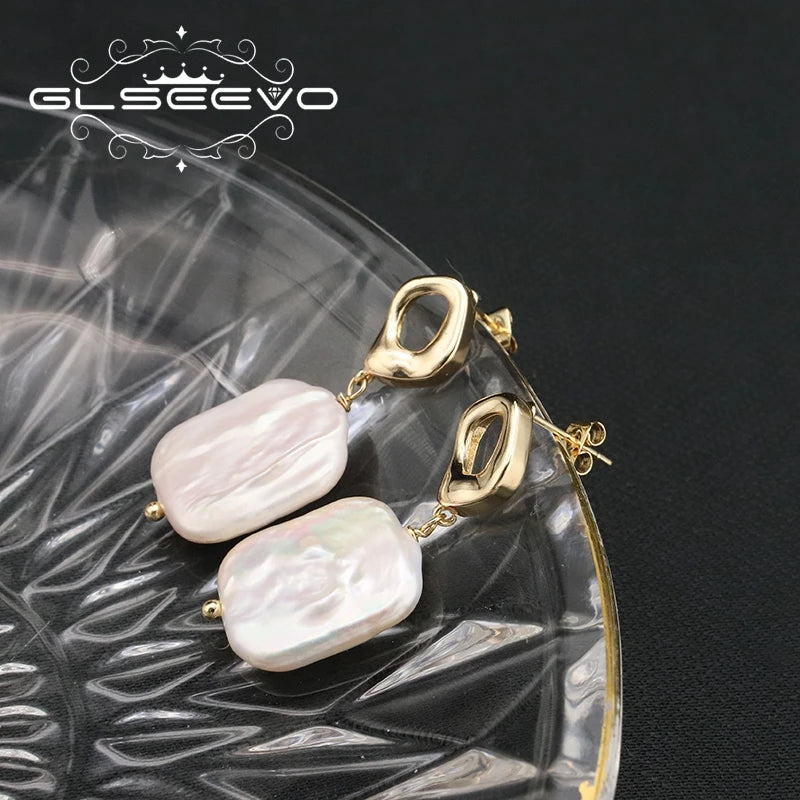 Silver 925 Rhombus Hollow Out Pin Stud Earring White Square Baroque Pearl Dorop Earrings for Woman Trendy Lady Jewelry