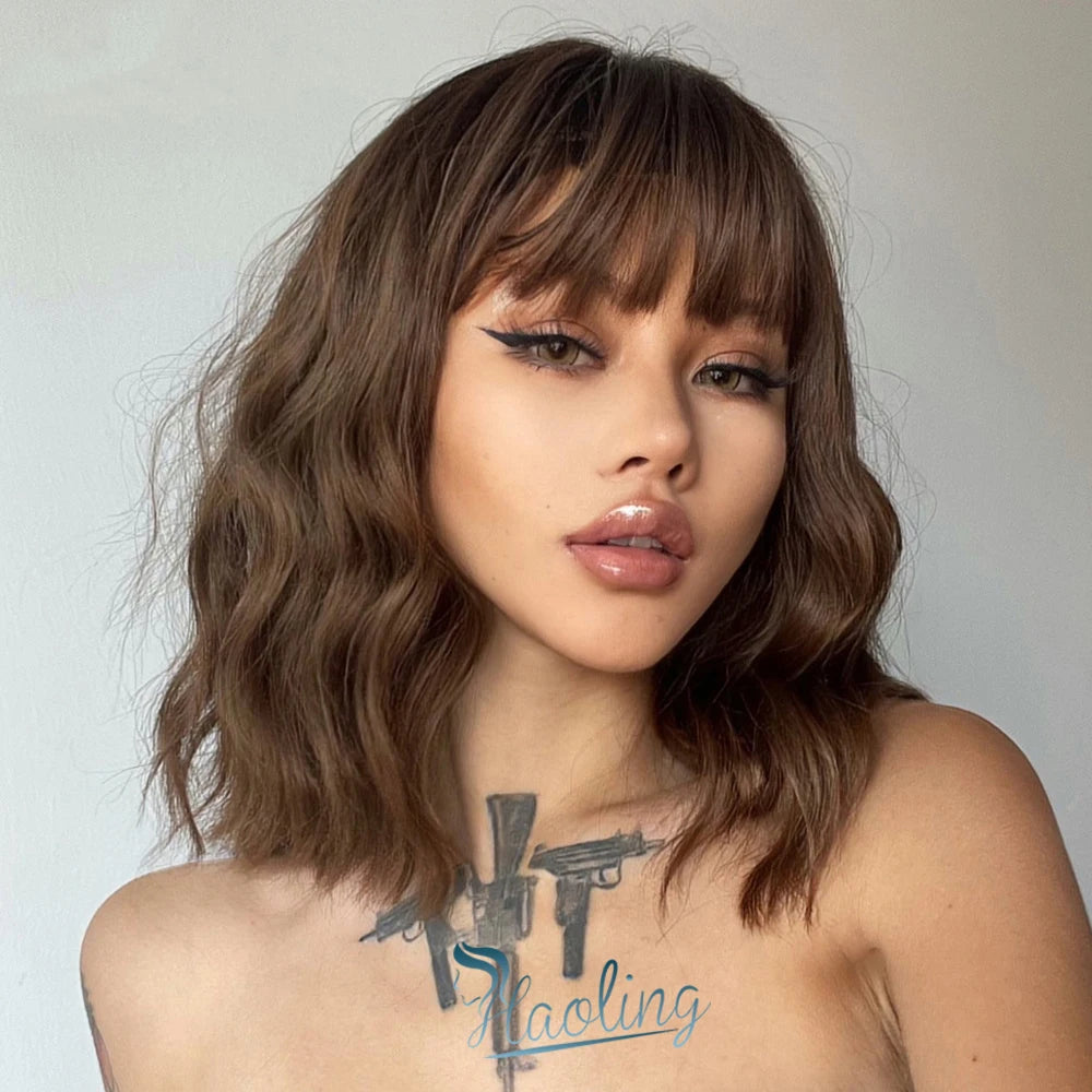 Fast Delivery Dark Brown Bob Synthetic Wigs With Bangs Medium Length Water Wave Wigs for Women Daily Heat Resistant Fiber