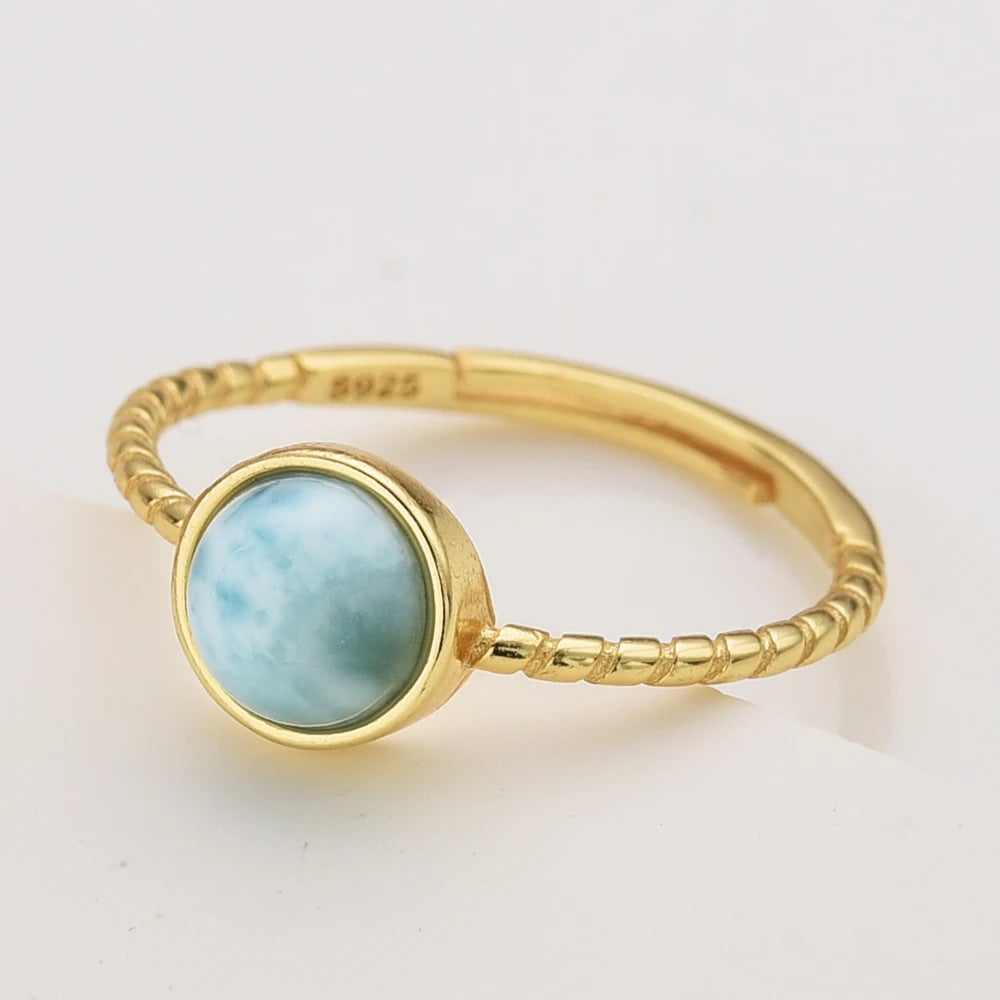 Wholesale Women 925 Sterling Silver Round Shape Natural Larimar Ring Earring Jewelry Set Larimar Minimal Adjustable Ring