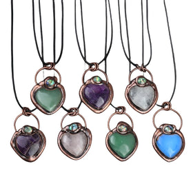 Retro Red Copper 38x44mm Love Heart Natural Stones Pendant Black Cord Gemstone Crystal Pendant Necklace Jewelry