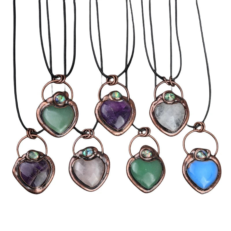 Retro Red Copper 38x44mm Love Heart Natural Stones Pendant Black Cord Gemstone Crystal Pendant Necklace Jewelry