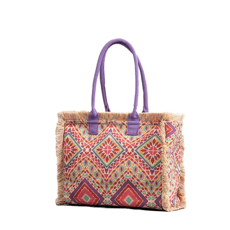 Boho Beach Bag Tribal Designer Good Quality Lined Natural Fringe Canvas Tote Bag Thick Canvas Fringe Bag for Women