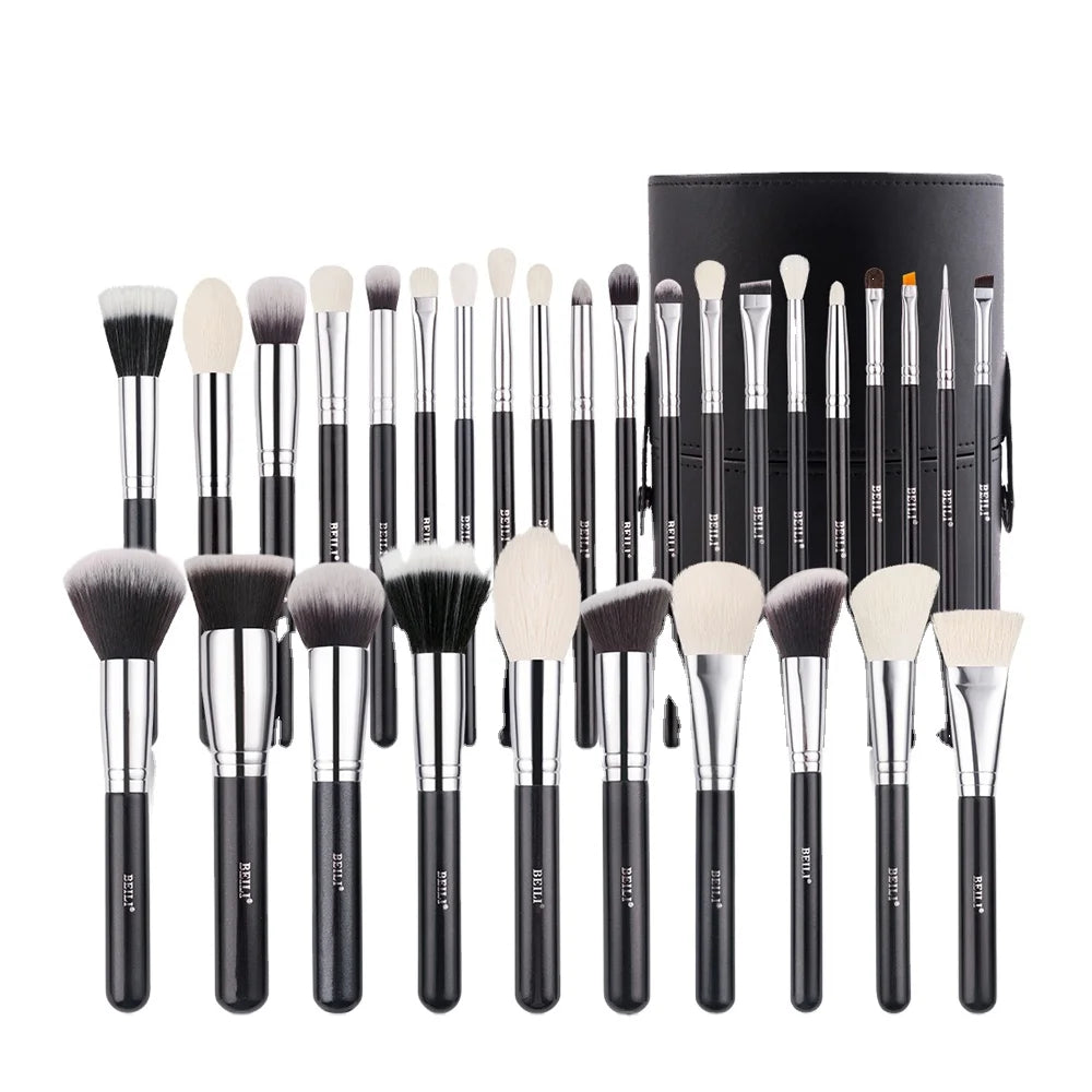 BEILI Makeup Brush Set Shiny Black Wood Handle Glitter Natural Goat Pony Synthetic Hair Labeled Brush with Brush Holder MegaBDM