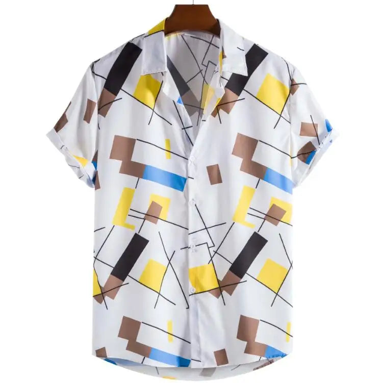 Geometric Printing Shirts Men's Color Block Short Sleeve Quick Dry  Beach Shirts Casual Holiday Tops Hawaii Beach Wear