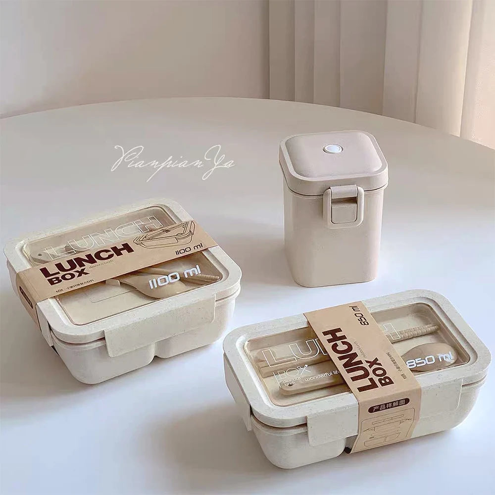 Japanese Bento Box Kids Microwave Food Container School Office Heated Wheat Straw Lunch Box with Bag Knife Fork