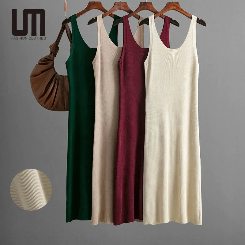 Clearance Sales Women's Knit Tank Dress Midi Length Spring Summer Sleeveless Square-Neck Long Vest Style Casual Y2K Design