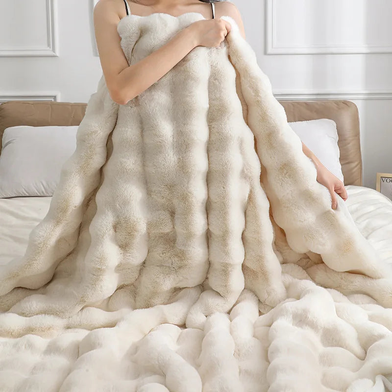 Faux Fur Brown Soft Queen Size Blanket for All Season Couch Bed Camping Travel-Plush