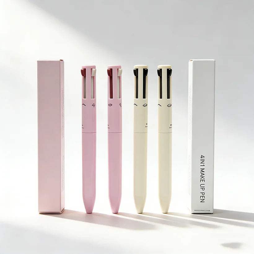 4-in-1 Cruelty-Free Travel Makeup Pen Vegan Waterproof Face Eye Beauty Pencil with Liquid Eyeliner Eyebrow Lip Liner Highlighter