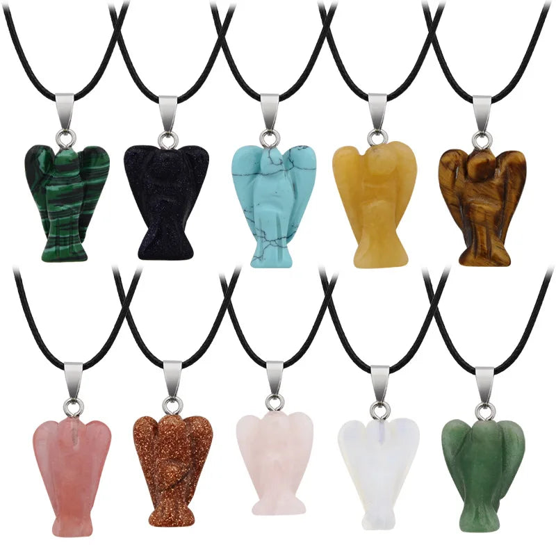 2026 Hot Sale Long Black Leather Rope Cherub Necklace with Guardian Angel Shaped Gemstone Pendant Claw Setting Inlay Technology