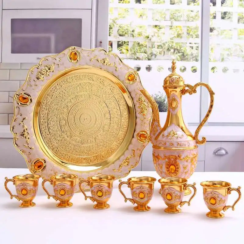 QIAN HU Latest Model Cast Iron Teapot Set with Tray Includes Turkish Coffee Cups All Metal Tea and Coffee Servingware